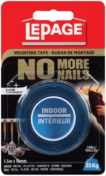 LePage No More Nails 1876531 Mounting Tape, 1.5 m L, 19 mm W, Clear