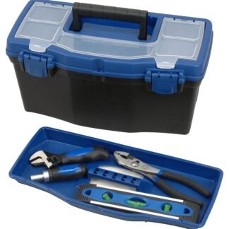 Vulcan 320101 Tool Box, 15 in L x 7 in W x 5-1/4 in H, Plastic, Black/Blue, 16 in L x 8-1/4 in W x 7-3/4 in H Outside