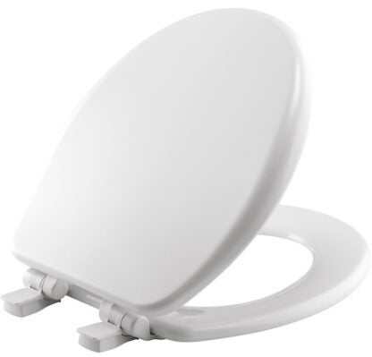 Mayfair 64SLOW 000 Toilet Seat, Round, Wood, White, Adjustable, Easy Clean and Change Hinge