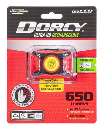 Dorcy Ultra HD 41-4337 Rechargeable Headlamp, 1200 mAh, Lithium-Ion Battery, LED Lamp, 650 Lumens, Flood, Spot Beam, Red