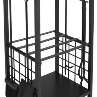 Simple Spaces T88091BK Fireplace Log & Took Rack Set, 12 in W, 29-1/4 in H, Steel Base, Powder Coated, Black