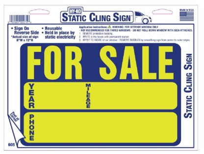 Hy-Ko 605 Static Cling Neon Sign, FOR SALE, Yellow Legend, Blue Background, Vinyl, 8 in H x 12 in W Dimensions Sells in Quantity of 10