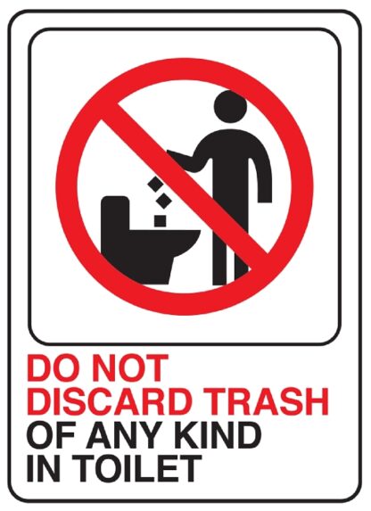 Hy-Ko D-25 Deco Sign, DO NOT DISCARD TRASH OF ANY KIND IN TOILET, White Background, Plastic, 7 in H x 5 in W Dimensions Sells in Quantity of 5