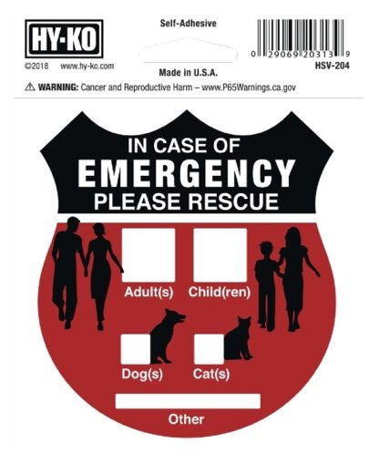 Hy-Ko HSV-204 Graphic Sign, IN CASE OF EMERGNCY PLEASE RESCUE, Silver Background, Vinyl, 4 in H x 4 in W Dimensions Sells in Quantity of 6