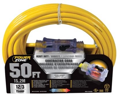 PowerZone ORP511830 Contractor Cord, 12 AWG Cable, 50 ft L, 15 A, 125 V, Yellow