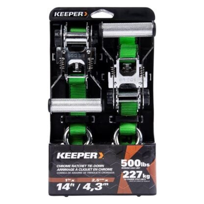 Keeper 85426 Tie-Down, 1 in W, 14 ft L, Bright Green, 500 lb Working Load, S-Hook End, 2/PK