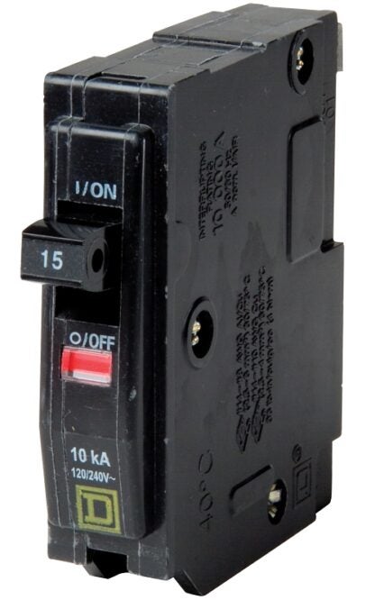 Square D QO QO115CP Circuit Breaker, Mini, 15 A, 1 -Pole, 120/240 VAC, 48 VDC, Fixed Trip, Flush Mounting