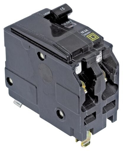 Square D QO QO215CP Circuit Breaker, Mini, 15 A, 2 -Pole, 120/240 VAC, 48 VDC, Plug Mounting, Black