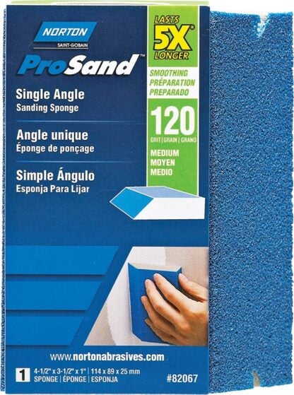 NORTON ProSand 82067 Sanding Sponge, 4-1/2 in L, 3-1/2 in W, 120 Grit, Medium, Aluminum Oxide Abrasive