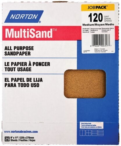 NORTON Adalox 07660700159 Sanding Sheet, 11 in L, 9 in W, Medium, 120 Grit, Aluminum Oxide Abrasive, Paper Backing Sells in Quantity of 100