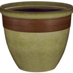 Landscapers Select PT-S015 Wave Planter, 15 in Dia, 12-1/2 in H, Round, Resin, Olive Green/Wood Sells in Quantity of 6