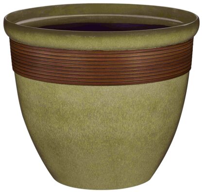 Landscapers Select PT-S015 Wave Planter, 15 in Dia, 12-1/2 in H, Round, Resin, Olive Green/Wood Sells in Quantity of 6