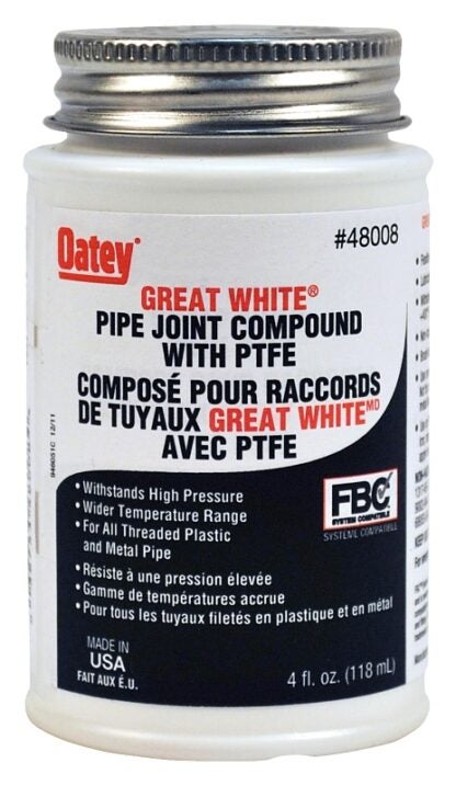 Oatey Great White 48008 Pipe Joint Compound, 4 oz Can, Liquid, White