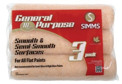 Simms 4704 General-Purpose Roller Refill, 3/8 in Thick Nap, 9-1/2 in L, Polyester Fabric Cover