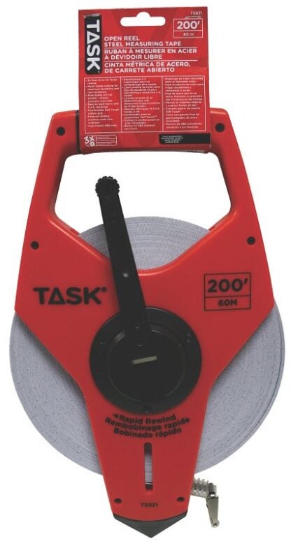 Task TS831 Open Reel Long Tape, 200 ft L Blade, 1 in W Blade, Steel Blade, ABS Case