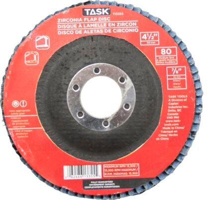 Task T13355 Flap Disc, 4-1/2 in Dia, 7/8 in Arbor, 80 Grit, Zirconia Alumina Abrasive