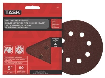 Task T13111 Sanding Disc, 5 in Dia, 60 Grit, Aluminum Oxide Abrasive, 8-Hole