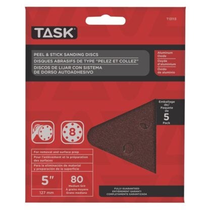 Task T13113 Sanding Disc, 5 in Dia, 80 Grit, Aluminum Oxide Abrasive, 8-Hole