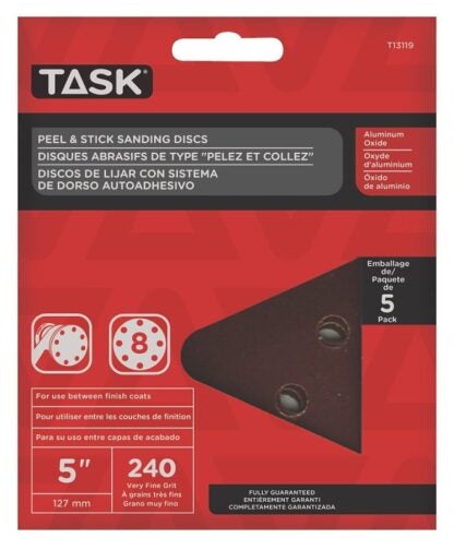 Task T13119 Sanding Disc, 5 in Dia, 240 Grit, Aluminum Oxide Abrasive, 8-Hole