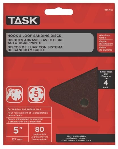 Task T13037 Sanding Disc, 5 in Dia, 80 Grit, Aluminum Oxide Abrasive, 5-Hole