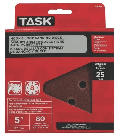 Task T13059 Sanding Disc, 5 in Dia, 80 Grit, Aluminum Oxide Abrasive, 8-Hole