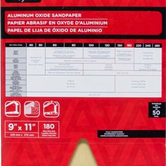 TASK Signature SAO16180 Sandpaper, 11 in L, 9 in W, Very Fine, 180 Grit, Aluminum Oxide Abrasive, Paper Backing Sells in Quantity of 50