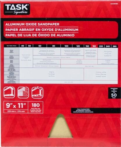 TASK Signature SAO16180 Sandpaper, 11 in L, 9 in W, Very Fine, 180 Grit, Aluminum Oxide Abrasive, Paper Backing Sells in Quantity of 50