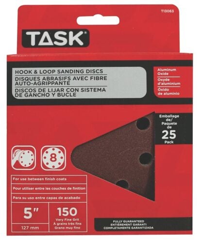 Task T13063 Sanding Disc, 5 in Dia, 150 Grit, Aluminum Oxide Abrasive, 8-Hole