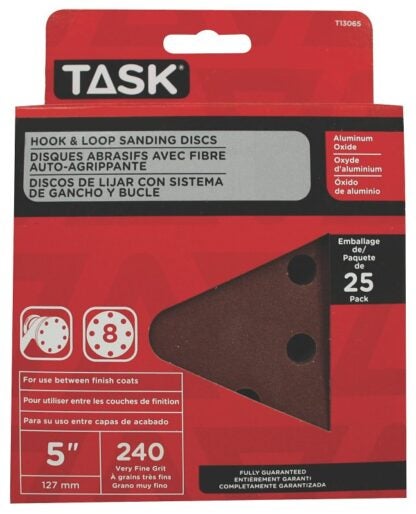 Task T13065 Sanding Disc, 5 in Dia, 240 Grit, Aluminum Oxide Abrasive, 8-Hole