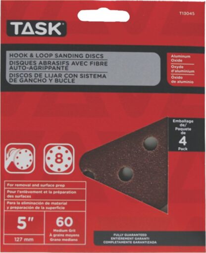 Task T13045 Sanding Disc, 5 in Dia, 60 Grit, Aluminum Oxide Abrasive, 8-Hole