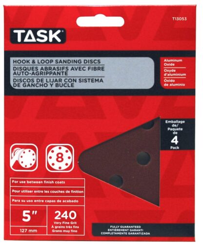 Task T13053 Sanding Disc, 5 in Dia, 240 Grit, Aluminum Oxide Abrasive, 8-Hole