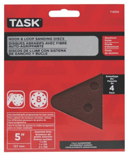 Task T13055 Sanding Disc, 5 in Dia, 80, 120, 150 Grit, Aluminum Oxide Abrasive, 8-Hole