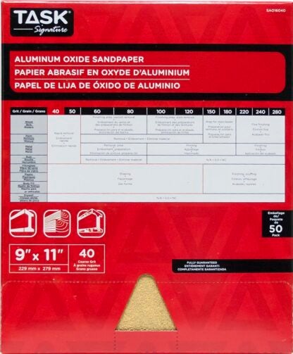 TASK Signature SAO16040 Sandpaper, 11 in L, 9 in W, Coarse, 40 Grit, Aluminum Oxide Abrasive, Paper Backing Sells in Quantity of 50