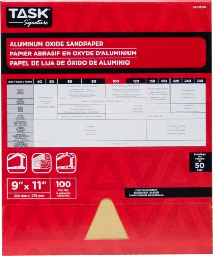 TASK Signature SAO16100 Sandpaper, 11 in L, 9 in W, Fine, 100 Grit, Aluminum Oxide Abrasive, Paper Backing Sells in Quantity of 50