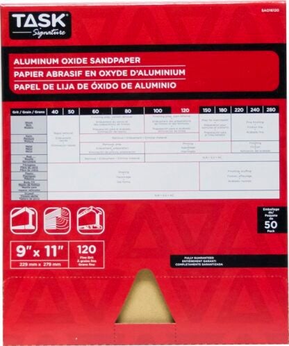 TASK Signature SAO16120 Sandpaper, 11 in L, 9 in W, Fine, 120 Grit, Aluminum Oxide Abrasive, Paper Backing Sells in Quantity of 50