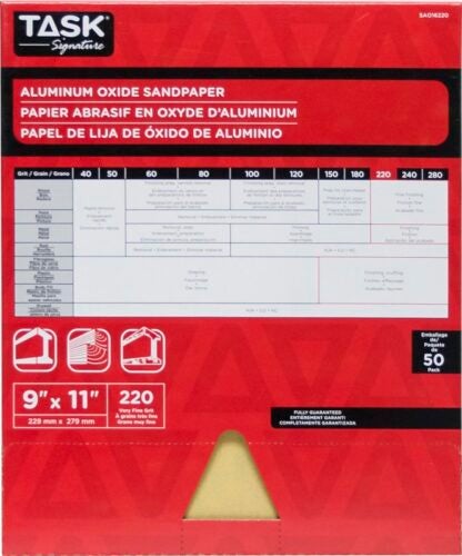 TASK Signature SAO16220 Sandpaper, 11 in L, 9 in W, Very Fine, 220 Grit, Aluminum Oxide Abrasive, Paper Backing Sells in Quantity of 50