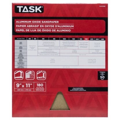 Task PAO15180 Sandpaper, 11 in L, 9 in W, Very Fine, 180 Grit, Aluminum Oxide Abrasive, Paper Backing Sells in Quantity of 50