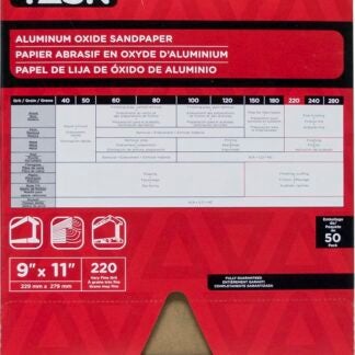 Task PAO15220 Sandpaper, 11 in L, 9 in W, Very Fine, 220 Grit, Aluminum Oxide Abrasive, Paper Backing Sells in Quantity of 50