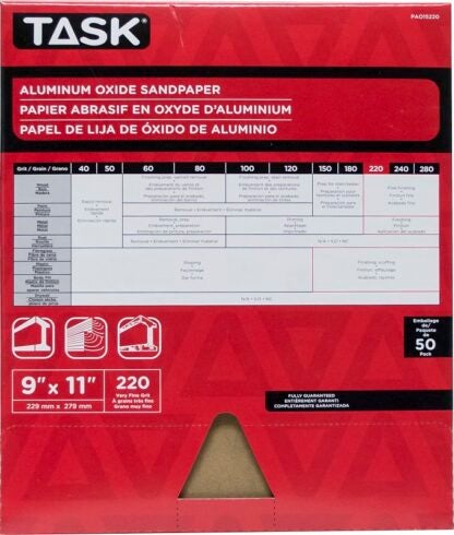 Task PAO15220 Sandpaper, 11 in L, 9 in W, Very Fine, 220 Grit, Aluminum Oxide Abrasive, Paper Backing Sells in Quantity of 50