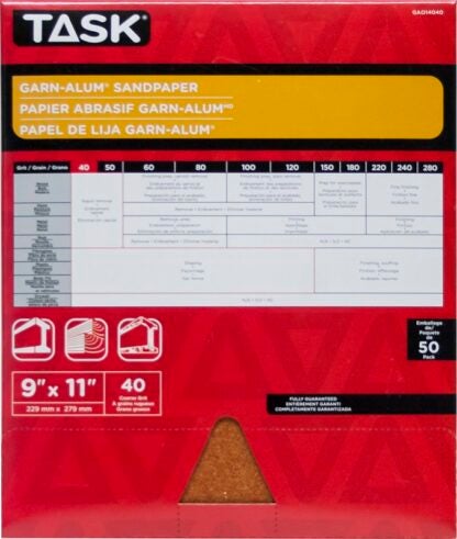 Task Garn-Alum Series GAO14040 Sandpaper, 11 in L, 9 in W, Coarse, 40 Grit, Aluminum Oxide Abrasive, Kraft Paper Backing Sells in Quantity of 50