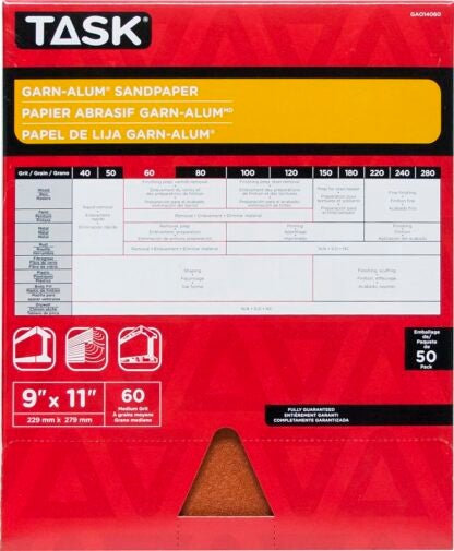 Task Garn-Alum Series GAO14060 Sandpaper, 11 in L, 9 in W, Medium, 60 Grit, Aluminum Oxide Abrasive, Kraft Paper Backing Sells in Quantity of 50