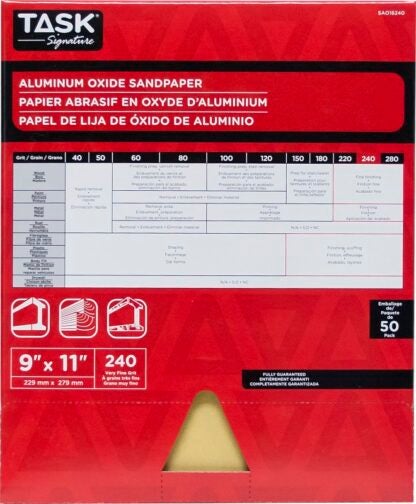 TASK Signature SAO16240 Sandpaper, 11 in L, 9 in W, Very Fine, 240 Grit, Aluminum Oxide Abrasive, Paper Backing Sells in Quantity of 50