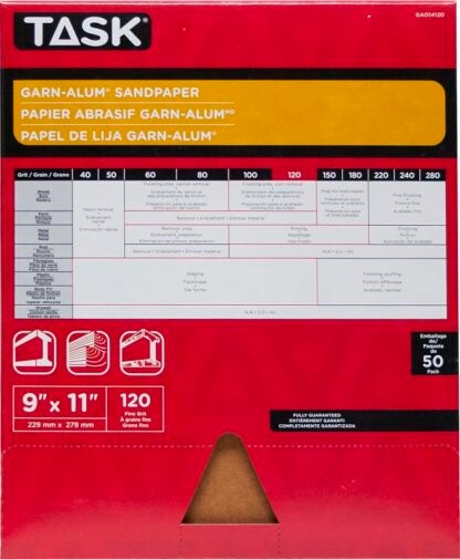 Task Garn-Alum Series GAO14120 Sandpaper, 11 in L, 9 in W, Fine, 120 Grit, Aluminum Oxide Abrasive, Kraft Paper Backing Sells in Quantity of 50