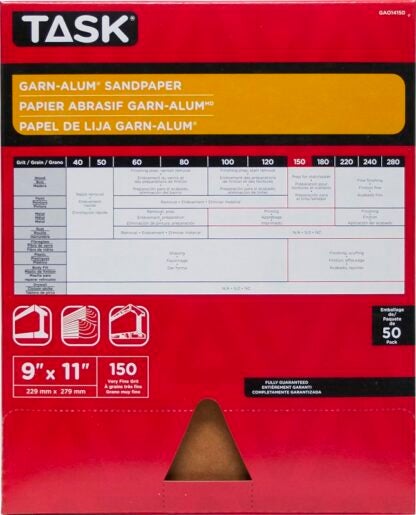 Task Garn-Alum Series GAO14150 Sandpaper, 11 in L, 9 in W, Very Fine, 150 Grit, Aluminum Oxide Abrasive Sells in Quantity of 50