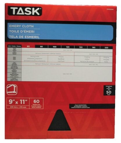 Task EMO5060 Sanding Sheet, 11 in L, 9 in W, Medium, 60 Grit, Emery Abrasive, Cloth Backing Sells in Quantity of 50