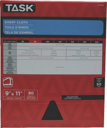 Task EMO5080 Sanding Sheet, 11 in L, 9 in W, Medium, 80 Grit, Emery Abrasive, Cloth Backing Sells in Quantity of 50