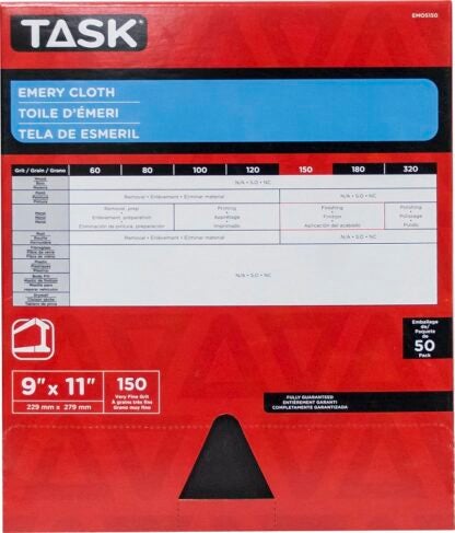 Task EMO5150 Sanding Sheet, 11 in L, 9 in W, Very Fine, 150 Grit, Emery Abrasive, Cloth Backing Sells in Quantity of 50