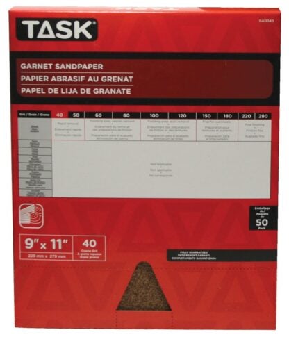 Task GA11040 Sandpaper, 11 in L, 9 in W, Coarse, 40 Grit, Garnet Abrasive Sells in Quantity of 50