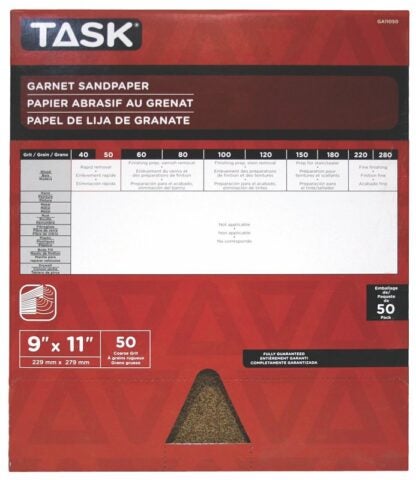 Task GA11050 Sandpaper, 11 in L, 9 in W, Coarse, 50 Grit, Garnet Abrasive Sells in Quantity of 50