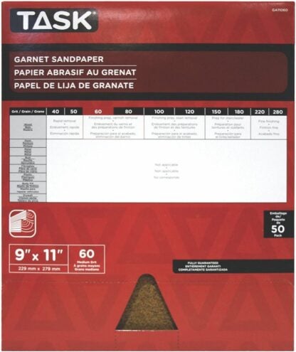 Task GA11060 Sandpaper, 11 in L, 9 in W, Medium, 60 Grit, Garnet Abrasive Sells in Quantity of 50